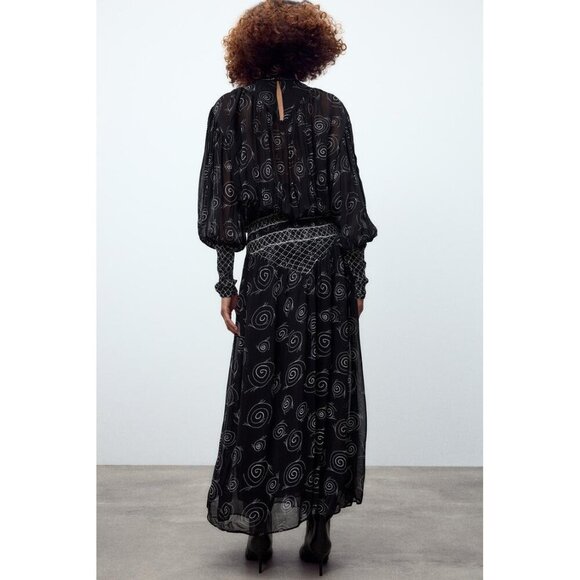 NWT Zara black & white embroidered beaded printed midi dress, M - Picture 4 of 16